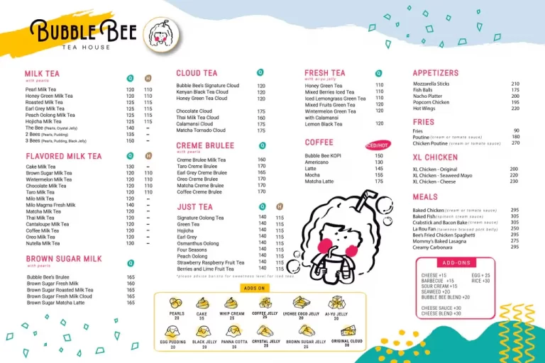 Bubble Bee Tea Menu with prices